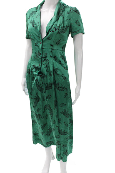 HVN Womens Silk Maxi Shirt Dress Animal Print Short Sleeve Green Size 0