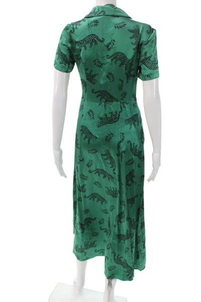 HVN Womens Silk Maxi Shirt Dress Animal Print Short Sleeve Green Size 0