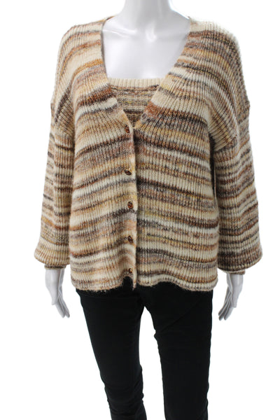 Heartloom Women Cardigan Beige V-Neck Button 3/4 Sleeve Striped Wool Size S