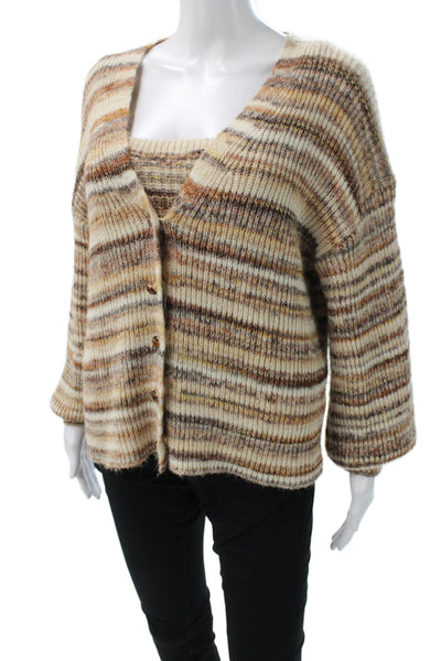 Heartloom Women Cardigan Beige V-Neck Button 3/4 Sleeve Striped Wool Size S