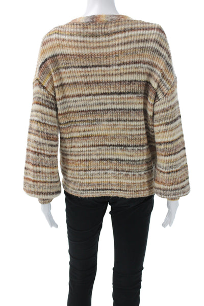 Heartloom Women Cardigan Beige V-Neck Button 3/4 Sleeve Striped Wool Size S