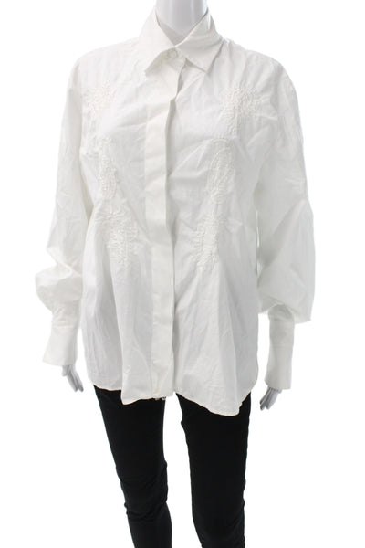 Louis Feraud Women White Cotton Collared Button-Up Blouse Long Sleeve Size 10