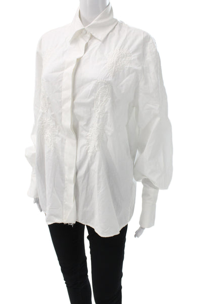 Louis Feraud Women White Cotton Collared Button-Up Blouse Long Sleeve Size 10