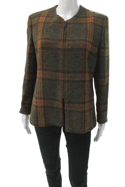 Akris Womens Plaid Green Blazer Long Sleeve Crew Neck Hook Eye Size 12
