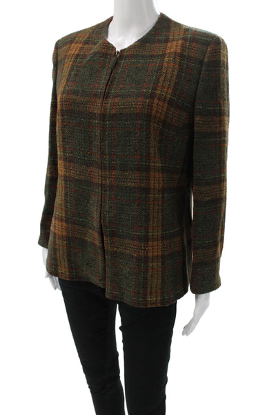 Akris Womens Plaid Green Blazer Long Sleeve Crew Neck Hook Eye Size 12