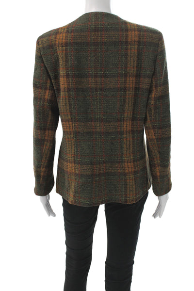 Akris Womens Plaid Green Blazer Long Sleeve Crew Neck Hook Eye Size 12