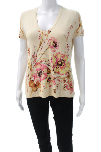 Vertigo Women Floral V-Neck Short Sleeve T-Shirt Beige Cotton Polyester Size XL