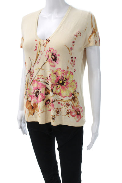 Vertigo Women Floral V-Neck Short Sleeve T-Shirt Beige Cotton Polyester Size XL