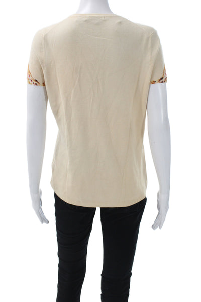 Vertigo Women Floral V-Neck Short Sleeve T-Shirt Beige Cotton Polyester Size XL