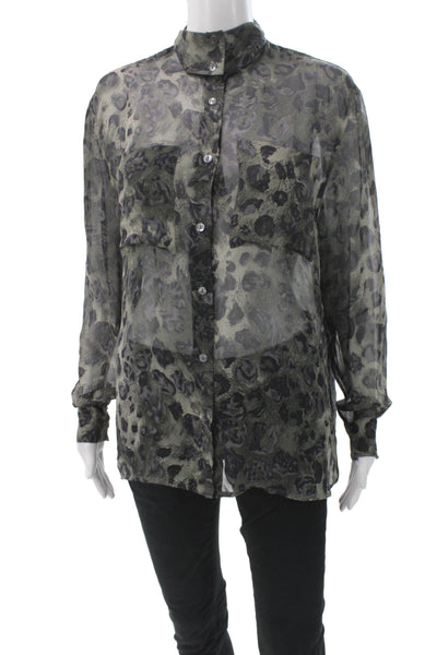 Les Copains Couture Womens Black Chiffon Leopard Collared Button Blouse Size S