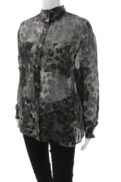 Les Copains Couture Womens Black Chiffon Leopard Collared Button Blouse Size S