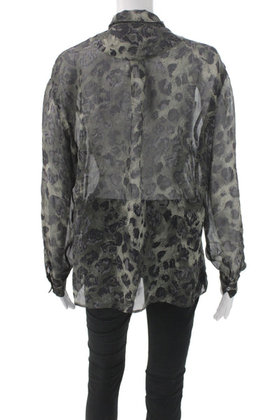 Les Copains Couture Womens Black Chiffon Leopard Collared Button Blouse Size S