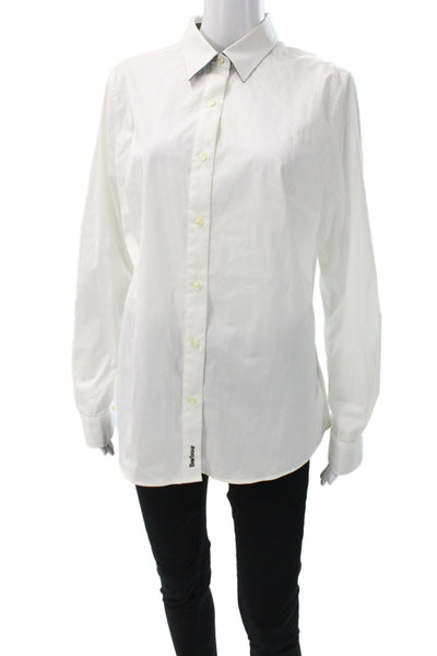 Barbour Womens White Cotton Collared Button-Up Top Long Sleeve Size 12