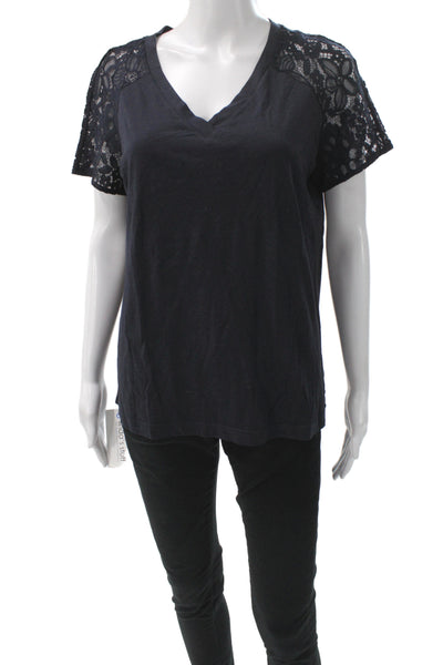 Brooks Brothers Red Fleece Womens V-Neck Cotton Lace T-Shirt Dark Blue Size S