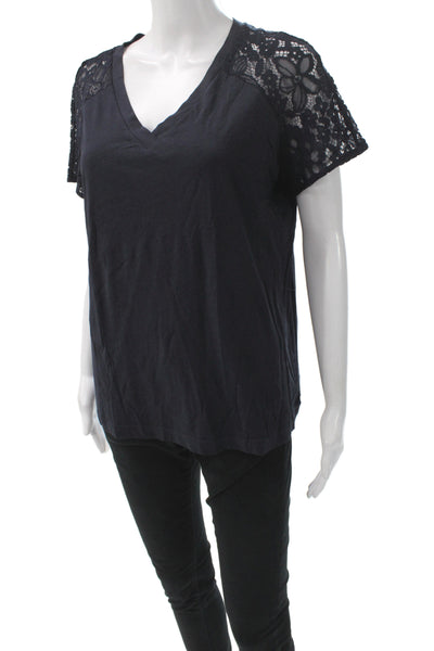 Brooks Brothers Red Fleece Womens V-Neck Cotton Lace T-Shirt Dark Blue Size S