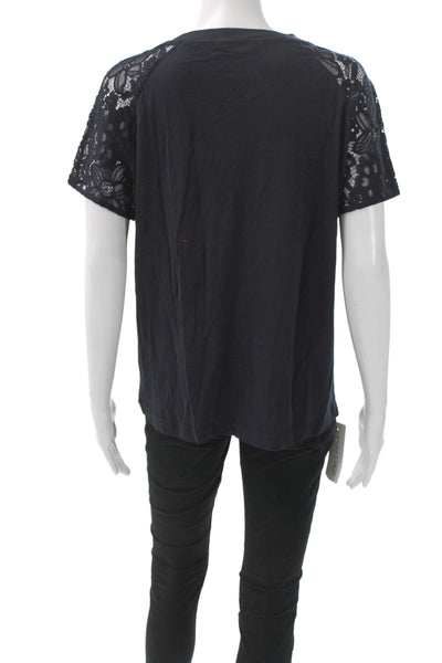 Brooks Brothers Red Fleece Womens V-Neck Cotton Lace T-Shirt Dark Blue Size S