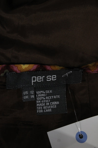 Per Se Womens A-Line Midi Silk Geometric Brown Skirt Size 12