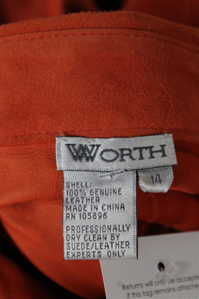 Worth Womens Orange Leather Collared Classic Long Sleeve Jacket Size 14