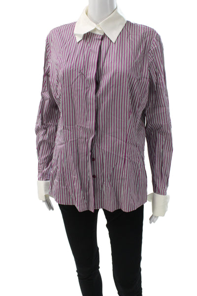 Pink Women White Striped Collared Button-Up Top Long Sleeve Size 16