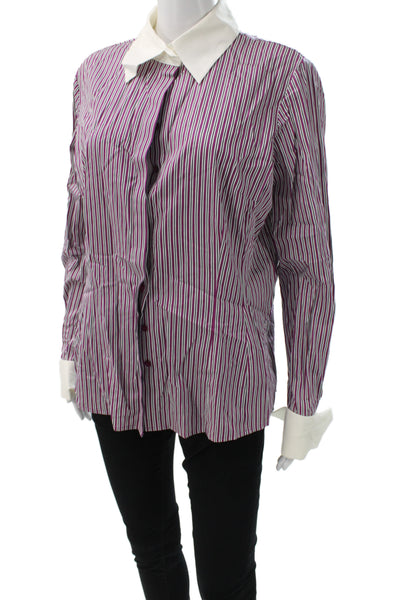 Pink Women White Striped Collared Button-Up Top Long Sleeve Size 16