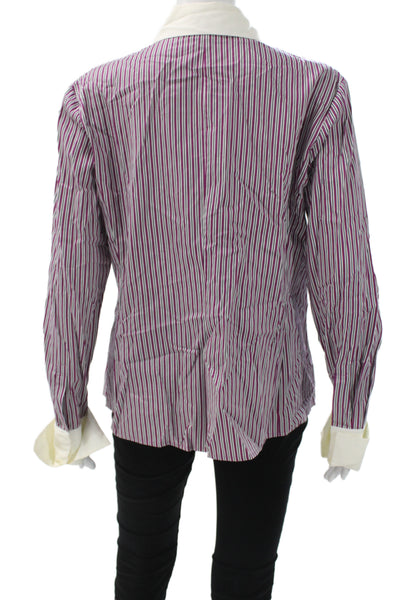 Pink Women White Striped Collared Button-Up Top Long Sleeve Size 16