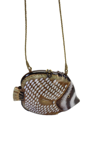 Timmy Woods Womens Handmade Wooden Fish Purse Handbag Brown
