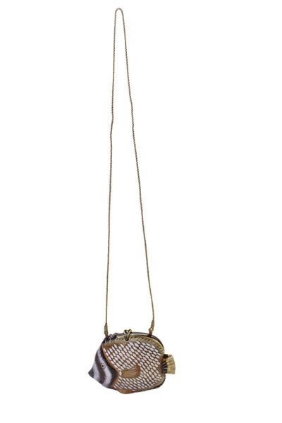Timmy Woods Womens Handmade Wooden Fish Purse Handbag Brown
