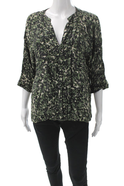 Joie Women Tunic Blouse Black Camouflage V-Neck 3/4 Sleeve Polyester Size M