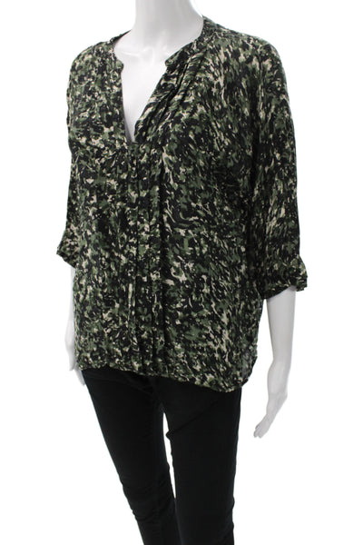Joie Women Tunic Blouse Black Camouflage V-Neck 3/4 Sleeve Polyester Size M