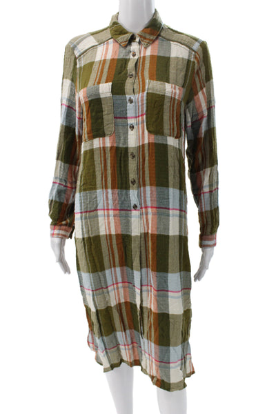 Pilcro Anthropologie Womens Shirt Dress Green Plaid Long Sleeve Size XS