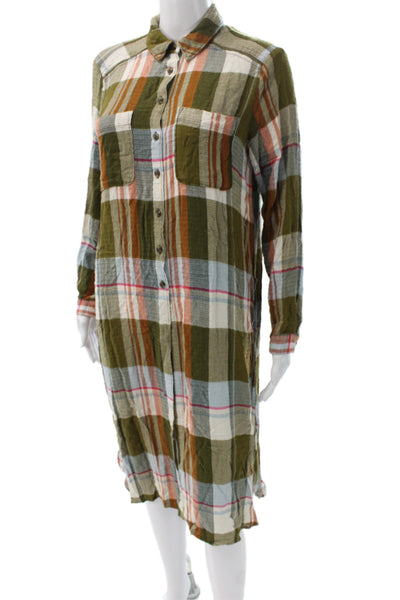 Pilcro Anthropologie Womens Shirt Dress Green Plaid Long Sleeve Size XS