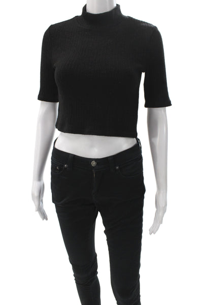 Zara Women Black Cropped Mock Neck Short Sleeve T-Shirt Size S