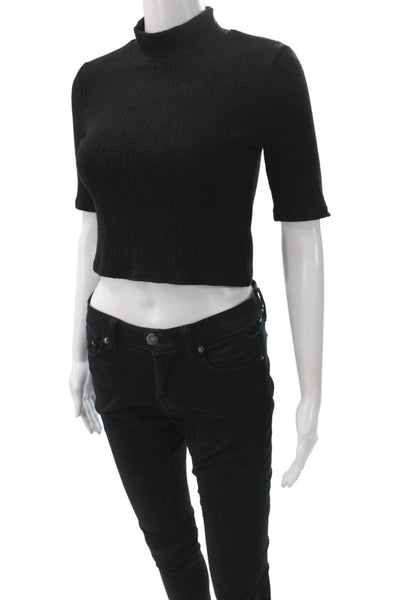 Zara Women Black Cropped Mock Neck Short Sleeve T-Shirt Size S