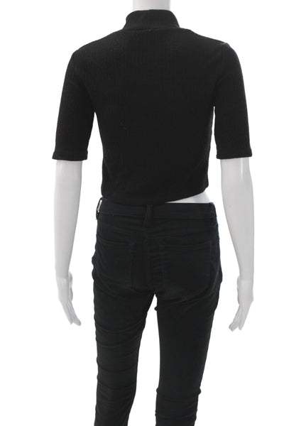 Zara Women Black Cropped Mock Neck Short Sleeve T-Shirt Size S