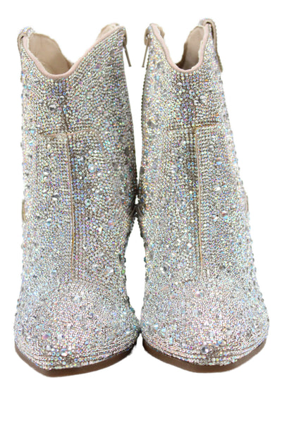 Cushionaire Womens Side Zip Block Heel Crystal Booties White Size 6
