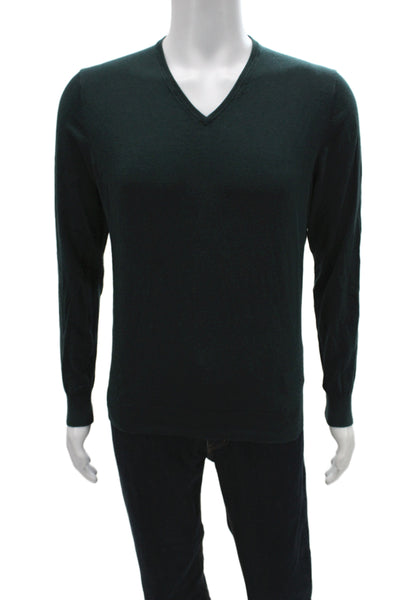 Massimo Dutti Mens Pullover Green V-Neck Cotton Silk Cashmere Size L