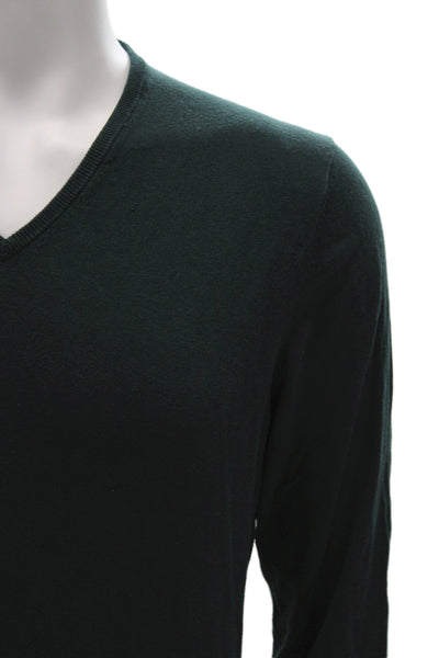 Massimo Dutti Mens Pullover Green V-Neck Cotton Silk Cashmere Size L