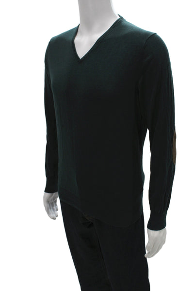 Massimo Dutti Mens Pullover Green V-Neck Cotton Silk Cashmere Size L