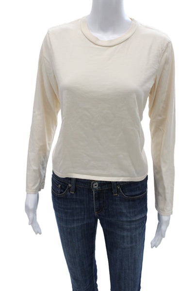 Perfect White Tee Women Basic Long Sleeve Crewneck T-Shirt Beige Supima Size M