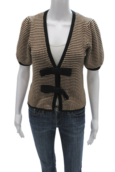 525 Unisex Cardigan Sweater Beige Geometric V Neck Short Sleeve Cotton Size S
