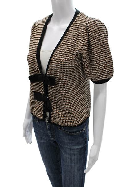 525 Unisex Cardigan Sweater Beige Geometric V Neck Short Sleeve Cotton Size S