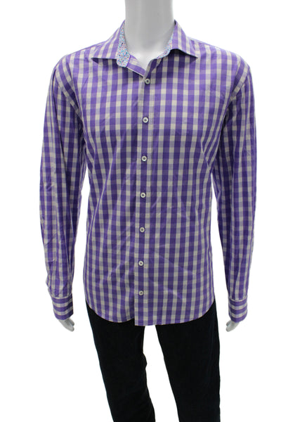 Bugatchi Men's Long Sleeves Button Down Plaid Shirt Purple Size M