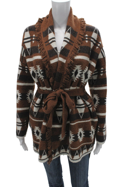 Tahari Unisex Cardigan Brown Aztec Long Sleeve Tie Closure Size XS