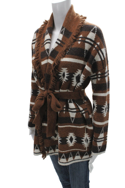 Tahari Unisex Cardigan Brown Aztec Long Sleeve Tie Closure Size XS