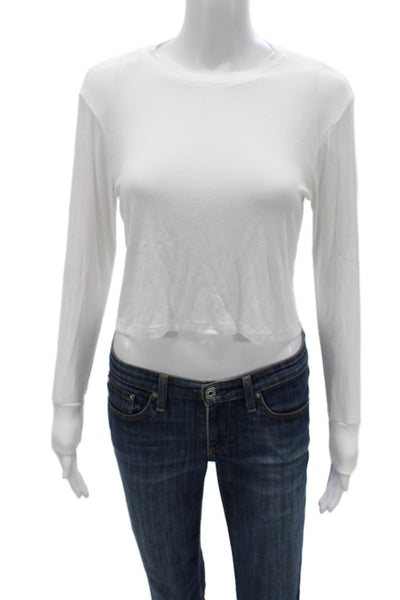 LNA Women Cropped Basic T-Shirt White Crew Neck Long Sleeve Rayon Size S