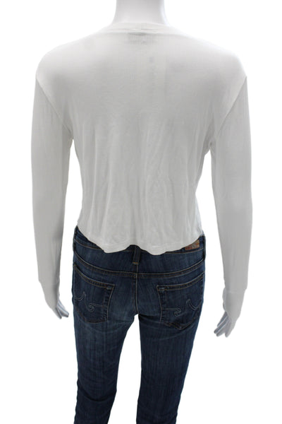 LNA Women Cropped Basic T-Shirt White Crew Neck Long Sleeve Rayon Size S