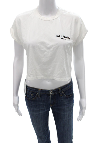 Balmain Womens Cropped Crew Neck Graphic Cotton T-Shirt White Size XS