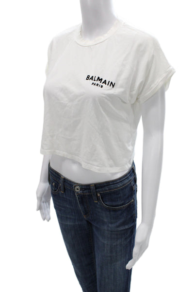 Balmain Womens Cropped Crew Neck Graphic Cotton T-Shirt White Size XS