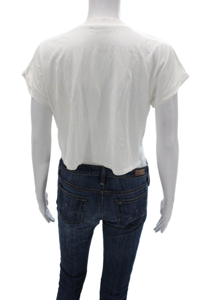 Balmain Womens Cropped Crew Neck Graphic Cotton T-Shirt White Size XS