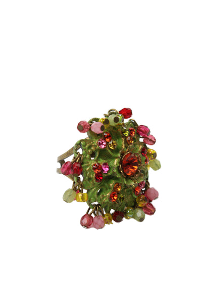 Michal Negrin Womens Vintage Brass Multicolor Rhinestone Floral Cocktail Ring OS